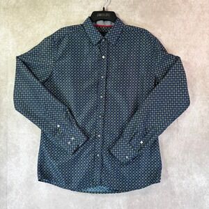 House of Lords Button Down Mens Medium Navy Blue Lime Green Geometric Medallion